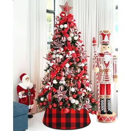 FUHSY Buffalo Plaid Tree Collar Red and Black Christmas Tree Collar 23.6 Inch Rustic Farmhouse Christmas Tree Skirt Buffalo Check Xmas Tree Basket Base Artificial Tree Collars Fall Holiday Party Decor