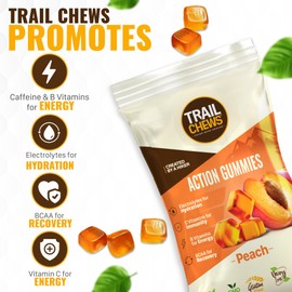 Trail Chews Action Gummies Hiking Snacks – Vegan & Vitamin Rich for Energy, Hydration, Immunity & Recovery – 30g, 10 Pieces per Serving - Peach