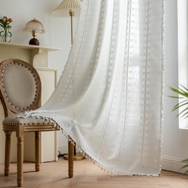 BCLBUSTE White Boho Curtains 63 inch Long 2 Panels for Living Room Nursery, Vintage Embroidered Sheer Linen Farmhouse Light Filtering Drapes for Bedroom Privacy Bohemian Neutral Window Decor,W52xL63