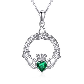 HUKKUN Irish Claddagh Necklace Sterling Silver Green Heart Zircon Trinity Celtic Knot Necklace Irish Claddagh Jewelry Gift for Women