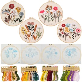 Allazone Flower Embroidery Kit for Beginners, 4 Pack Cross Stitch Kits Needlepoint Kits for Adults with Pattern, Embroidery Hoop Cloth Thread