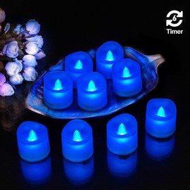 Windshell Blue Flickering Flame Electric Votive Candles (1.6" D x 1.5" H), 6H Timer/Curved Edge Design, Battery Operated LED Flameless Tea Lights, Pack of 12