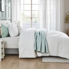 Wonderful White Comforter Set King, Clipped Jacquard Striped Cotton Lightweight Comforter with Pillow Shams, Fluffy Bedding Set for All Season