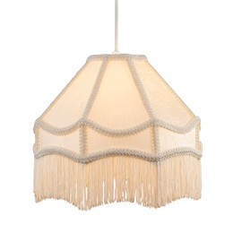 Handmade White Sleek Satin Victorian Lamp Shade with Floral Leaf Decor Embroidered Trims and White Tassels | 30cm x 19cm | for Pendant, Floor or Table Lamp by Happy Homewares