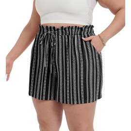 OLRIK Womens Plus Size Shorts with Pockets Ruffle Belted Elastic Waist Linen Shorts for Women Plus Size FP-Bohemian Stripes-3X