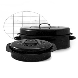 Granite Roaster Pan with lid Set 13inch 19inch Granite Roasting Pans Set Oval Pans Suitable for cooking poultry and turkey,Enamel Turkey Roasting Pan Resists up to 932°F