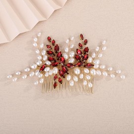 Teyglen Pearl Bride Wedding Hair Comb Bridal Rhinestone Pearl Hair Comb for Party Prom Wedding Hair Accessories for Women Handmade Crystal Hair Piece Headpiece (Wine red)