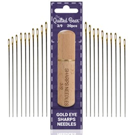 The Quilted Bear Gold Eye Sharps Sewing Needles 3/9-20 Sharps Hand Sewing Needles Set with Sharp Points in a Premium Engraved Wooden Case for Dressmaking and Sewing (Sizes 3/9)
