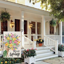 EKOREST Hello Spring Garden Flags for Outside, Seasonal Tulip Flowers for Holiday Anniversary Wedding Decor Small Yard Outdoor Decoration 12x18 Inch Double Sided