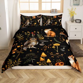Loussiesd Boho Mushroom Comforter Cover Set Single Size Cute Owl Squirrel Bedding Set for Children Botanical Floral Bedding Duvet Cover Set Room Decor Animlas Bedspread Cover