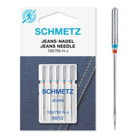 SCHMETZ Sewing Machine Needles, 5 Jeans Needles, 130/705 H-J, Needle Size: 80/12, can be Used on All Common Household Sewing Machines, Suitable for Processing Jeans and Similar Fabrics