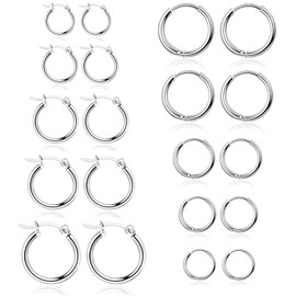 10 Pairs Silver Hoop Earrings Set for Women Surgical Steel Hoop Earrings Lightweight Hypoallergenic Tiny Small Hoops For Men （8mm 10mm 12mm 14mm 16mm）