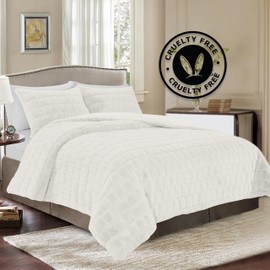 Elegant Comfort Luxurious Fluffy 3-Piece Faux Fur Comforter Set - All Season Warm Down Alternative - Ultra Soft, Plush Micro-Mink 3PC Bedding Set with Matching Shams, Full, Ivory