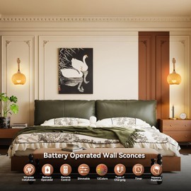 Rizzyluz Battery Operated Wall Sconces Set of 2 with Remote, Boho Bamboo Rechargeable Rattan Wall Lights, Wireless Wall Lighting Fixtures for Bedroom, Farmhouse Battery Powered Wall Lamps