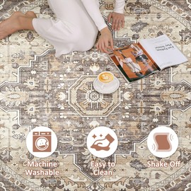 Round Rug Living Room Rugs: 8Ft Washable Boho Neutral Large Circle Soft Indoor Floral Stain Resistant Floor Farmhouse Carpet for Bedroom Nursery Kids Playroom Office Dining Room Dorm Home- Beige Brown