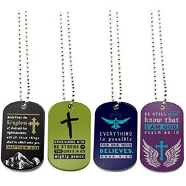 (12-Pack) Bible Dog Tag Necklaces, Assorted Colors - Religious Small Gifts in Bulk for Christian Wholesale Jewelry, Baptism Party Favors - Christian Gifts for Youth Teens Adults Boys Girls Men Women