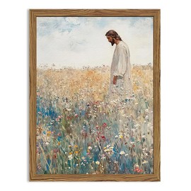 Jesus Leaves the 99 Sheep Wall Art, 3D Textured Hand Drawn Sandstone Christian Inspirational Wall Decor Paintings, Religious Wildflowers Pictures for Living Prayer Room Bedroom 16x24 inch Framed
