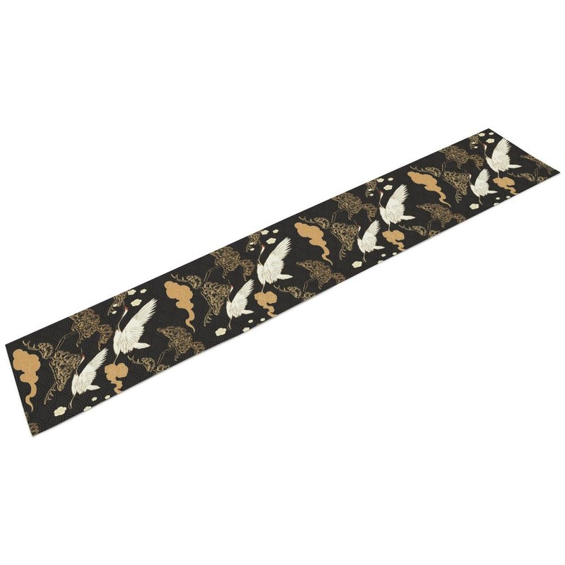 Crane Table Runner, Vintage Luxury Black Golden Asian Japanese Abstract