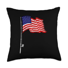 Funny American Flag Fishing Gift For Men Women Cool Fish Rod Throw Pillow