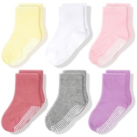 CozyWay Baby Non-Slip Crew Socks with Grips for Toddlers Little Boys Girls Toddlers Kids Non Slip Girls Plain Colours 6 Pairs 3-5 Years, Girls Plain Colours 6 Pairs