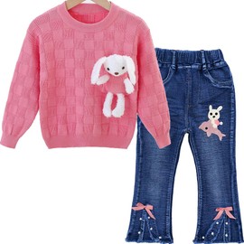 Peacolate 3T-7T Pink Bunny Pullover Sweater with Dolphin Denim Jeans Clothing sets for Little Kids Girls(Pink,6-7Y)