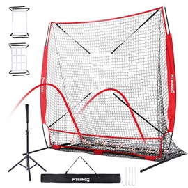 Pitrungo 7x7ft Baseball Softball Practice Net w/Large Ball Collection System Pitching Net w/Tripod Adjustable Batting Tee 2 Strike Zone Carry Bag Baseball Nets for Hitting Pitching