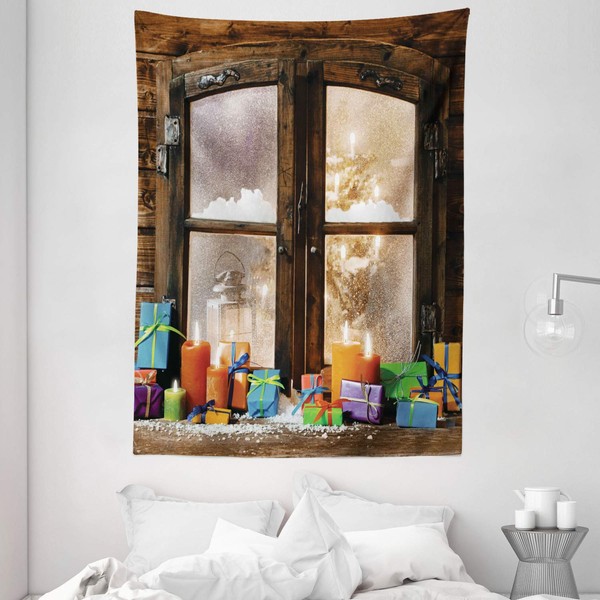 Ambesonne Christmas Tapestry, Snow Weather Rustic Style Window and Festive