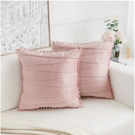 Set 0f 2 Throw Pillows Covers Decorative with Pompoms Stripe Velvet Cushion Covers Covers Soft Coach Sofa Chair Home 18x18 Inches White Cream (50x50, Pink)