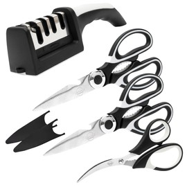 Heavy Duty Kitchen Shears with Knife and Scissor Sharpener Tool - Multipurpose Stainless Steel Scissors for Food - Sharp Food-Grade Kitchen Scissor for Meat, Seafood, Poultry - 4 Piece Set