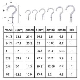 VooGenzek Pack of 48 Hook Screws, Screw-In Ceiling Hooks, Coated Cup Hooks with Protective Cover Made of Plastic, Vinyl Coated Screw Hooks, Cup Hooks, 6 Sizes - White
