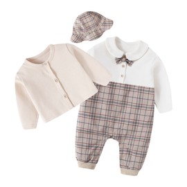 SLINX Baby Boys Girls One-Piece Romper Formal Hat Included, Long Sleeve Romper, Bowtie, Checkered Pattern, Going Out, Formal, Weddings, Parties, British Style, Weddings, Recitals Set, Romper Set