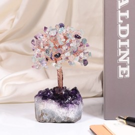 Cheungshing Healing Crystals Money Tree with Natural Amethyst Base, Crystal Stone Feng Shui Bonsai Figurines Tree of Life Decoration for Home Table Office, Fluorite