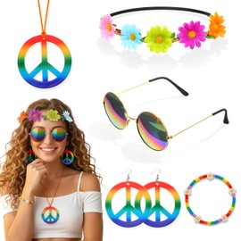 Wanmu 5Pcs Hippie Accessories for Women, 60s Hippie Costume Accessory Daisy Flower Headbands, Round Hippie Sunglasses, Peace Sign Necklaces, Earrings & Bracelet for 70s Groovy Carnival Party