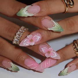 Almond Press on Nails Medium Pink Fake Nails with Floral Design Spring Flower False Nails Green Pink French Tip Nails 3D Gel Acrylic Nails Cute Glue on Nails Cherry Stick on Nails for Women 24Pcs