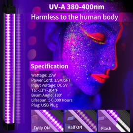 4 Pcs LED Black Light Bar, 15W 1.3ft USB Blacklight Strip Light for Glow Party, Magnetic Black Light Strip Tube, Portable LED Black Light for Fluorescent Tapestry Poster Body Paint Christmas Cabinet