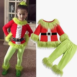 Nicoxijia Toddler Baby Boys Girls Christmas Cosplay Monster Costume Outfits Green Furry Santa Long Sleeve Tops and Pants Set (Green, 12-18 Months)
