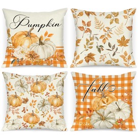 Benjia Fall 18x18 Throw Pillow Covers Set of 4, Orange Pumpkin Fallen Leaves Decorative Holiday Pillow Case 18 x 18 Autumn Cushion Covers Thanksgiving Pillowcase for Indoor Home Bedroom Sofa Decor
