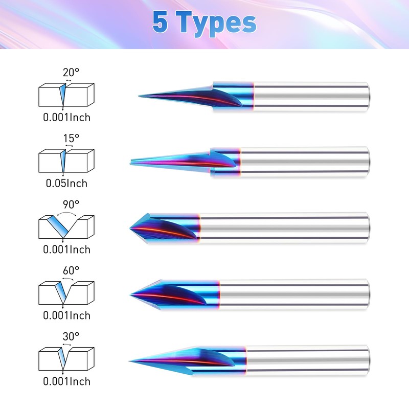 Engraving CNC Wood Carving Router Bit 1/4 Shank 15°/20°/30°/60°/90° Engraving