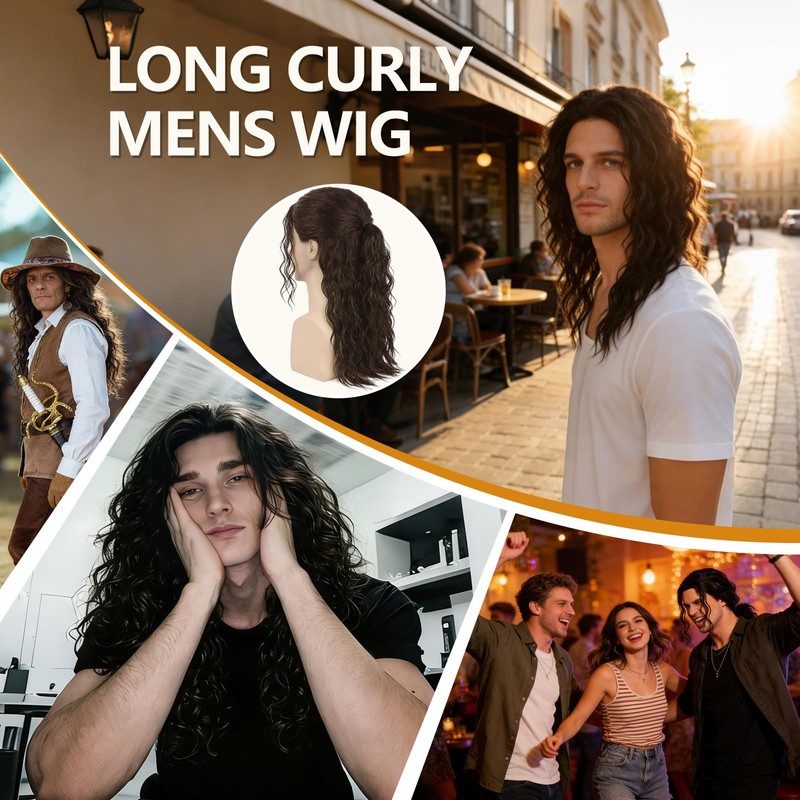 Long Brown Curly Wig for Men Heat Resistant Synthetic Male