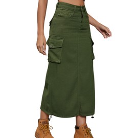 Women's Denim Cargo Long Skirts High Waist Elastic Waisted Pencil Skirt Midi Length Jean Skirt with Cargo Pockets Army Green XX-Large