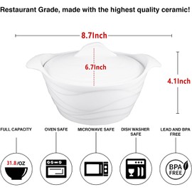 JINSONGDAFA Casserole Dish 31.8 ounce French White Ceramic Bakeware Set with Lids, Chip and Crack Resistant Stoneware Baking Dish, Microwave, Dishwasher, Oven, Freezer and Fridge Safe (8.7 Inch)