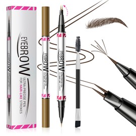 W3W Microblading Eyebrow Pencils for Women - Eyebrow Pen 2-in-1 Dual-Ended Eye Brow Pencil with Precise 2-Fork-Tip & Brush-Tip Waterproof Eyebrow Pen for Hair-Like Brows, Last All Day, Dark Brown