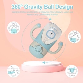 Bunnytoo Sippy Cup with Weighted Straw for Babies 6m+ 12m+ Toddler Trainer Handles BPA Free Leak-Proof Soft Spout Training Bottle with Calibration,280ml Ice Water Blue