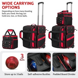 3 Ball Bowling Bag with Wheels, 2 Ball Bowling Bags Double Roller with 1 Ball Add On Bag, Multi-Pockets & Shoe Compartment (Fits Up to Size 15), Red