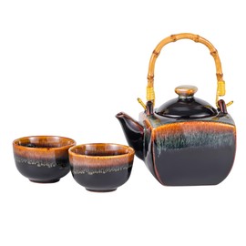 Porcelain Tea Set 3 piece Japanese Style Asian 30 fl oz Tea Pot with 2 Tea Cups Set With Strainer and Top Handle Reactive Glazed Tea Party Servingware (Black Brown)
