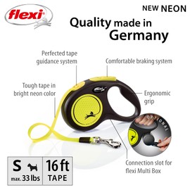 Flexi New Neon Retractable 16' Dog Leash Tape, Small, Black/Neon