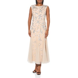 Adrianna Papell Women's Beaded Mesh Ankle Dress, Silver/Nude, 8