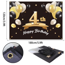 PAKBOOM Happy 4th Birthday Banner Backdrop - 4 Birthday Party Decorations Supplies for Boys - Black Gold 4 x 6ft