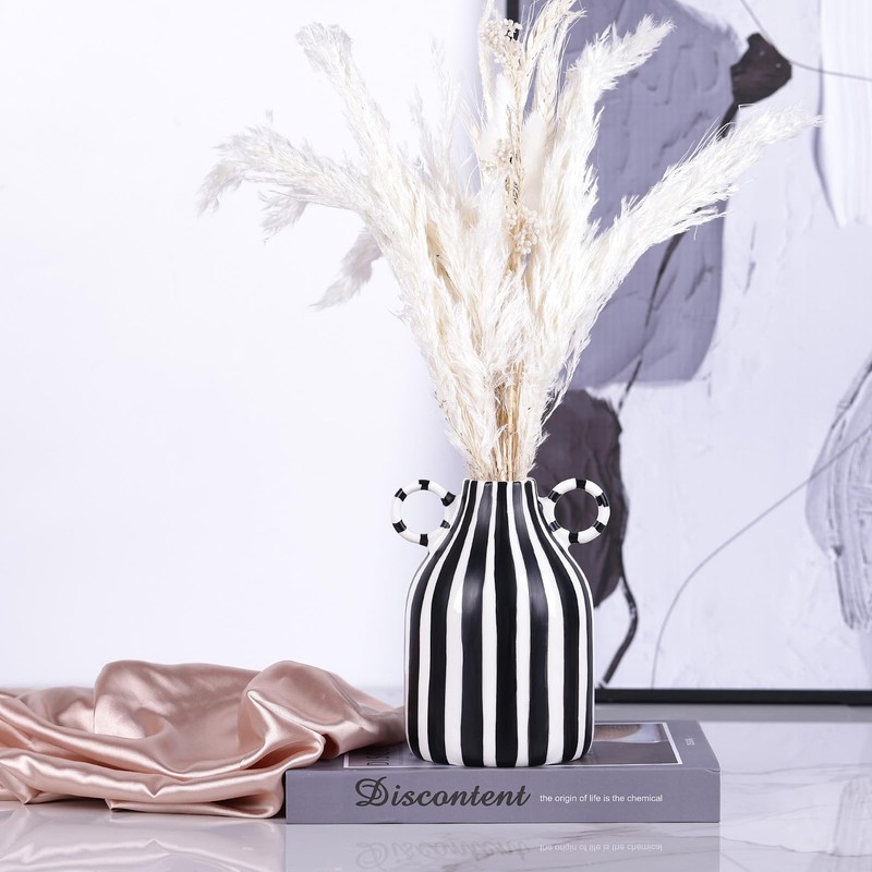 oliruim Black and White Striped Ceramic Vase with Double Ring