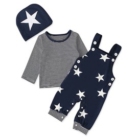 Kimoda Infant Baby Clothes Set Newborn Fall Winter Blue Outfits for Baby Boys 6-9 Months Striped T-shirt and Overalls with Hat